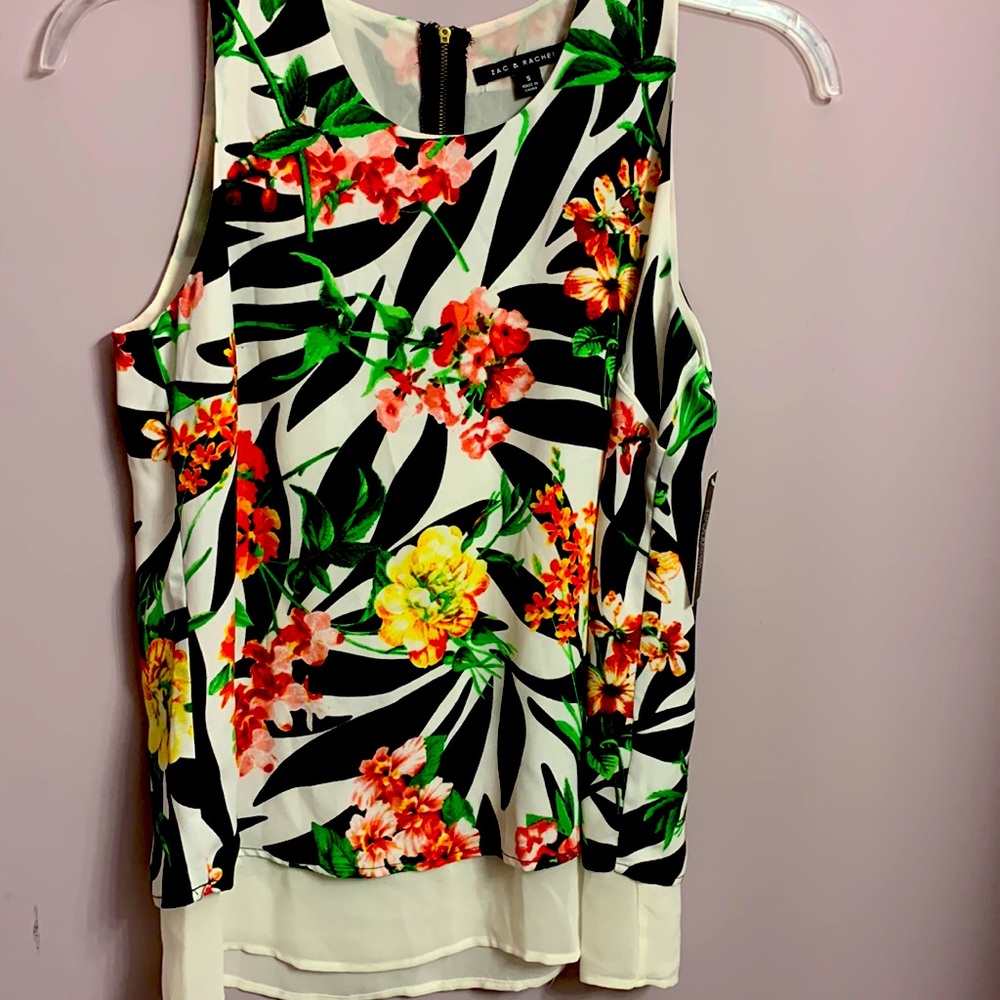 NWT ZAC & RACHEL small Floral tank top high low sleeveless black white floral